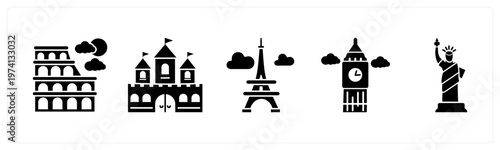A set of 5 mix icons as colosseum, fort, eiffel tower