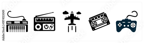 A set of 5 mix icons as piano, radio, plane
