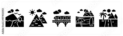 A set of 5 mix icons as nature, hills, bullet train