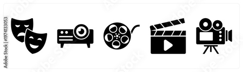 A set of 5 mix icons as theatre, projector, movie reel