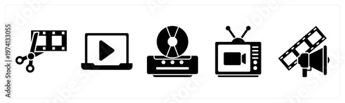 A set of 5 mix icons as movie editing, online video, cd player