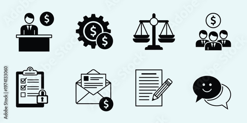 Legal and financial services icons justice law and business representation
