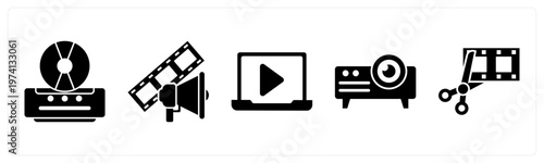 A set of 5 mix icons as cd player, film advertisement, online video