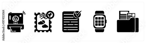 A set of 5 mix icons as instant camera, postage stamp, approved document