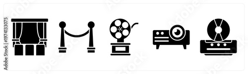 A set of 5 mix icons as cinema hall, barrier gate, film award