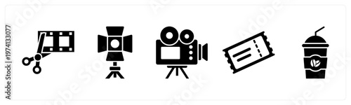 A set of 5 mix icons as movie editing, spotlight, video camera