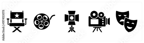 A set of 5 mix icons as director chair, movie reel, spotlight
