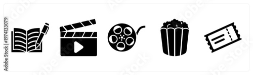 A set of 5 mix icons as script writing, clapper board, movie reel
