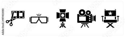 A set of 5 mix icons as movie editing, 3d glasses, spotlight