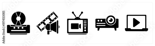 A set of 5 mix icons as cd player, film advertisement, television