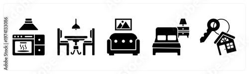 A set of 5 mix icons as microwave, dining table, sofa