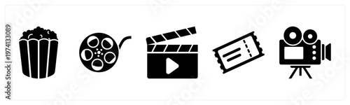 A set of 5 mix icons as popcorn, movie reel, clapper board