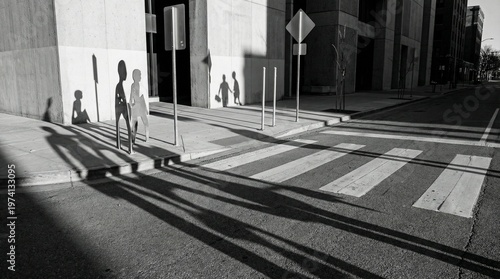 Pedestrian crossing with moving silhouettes and long shadows, minimal urban composition