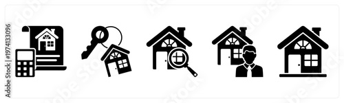A set of 5 mix icons as property budget, home key, home search