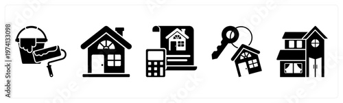 A set of 5 mix icons as paint roller, real estate, property budget