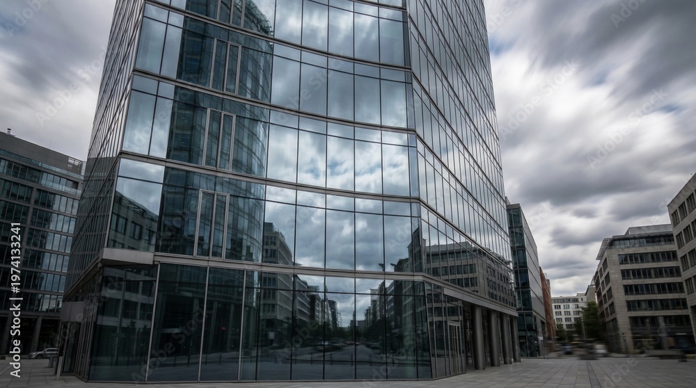 Obraz premium Urban glass building reflecting sky and moving clouds