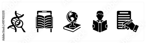 A set of 5 mix icons as dna search, mobile learning, history