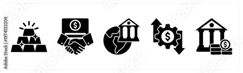 A set of 5 mix icons as billion, financial partnerhsip, global banking