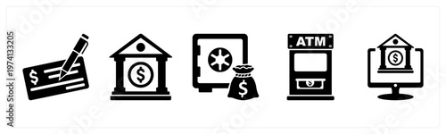 A set of 5 mix icons as cheque, bank, locker