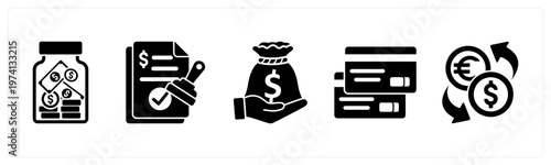 A set of 5 mix icons as saving, approved loan, loan