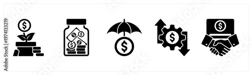 A set of 5 mix icons as money plant, saving, money insurance
