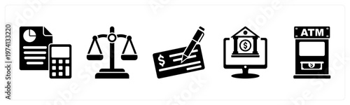 A set of 5 mix icons as budget, balance, cheque