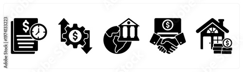 A set of 5 mix icons as transaction history, money management, global banking