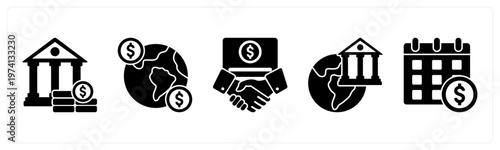 A set of 5 mix icons as home loan, global money, financial partnership