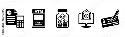 A set of 5 mix icons as budget, atm, saving