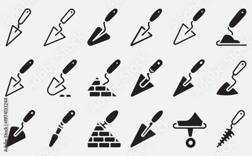  collection of trowel and masonry tools icons isolated on transparent background