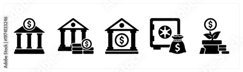 A set of 5 mix icons as financial institution, bank, locker