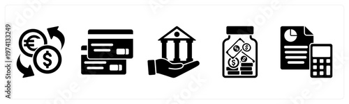 A set of 5 mix icons as currency exchange, credit card, loan