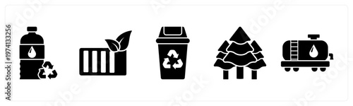 A set of 5 mix icons as recycle bottle, eco battery, recycle bin