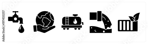 A set of 5 mix icons as save water, save earth, fuel pump