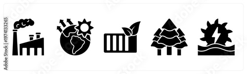 A set of 5 mix icons as factory pollution, global warming, eco battery