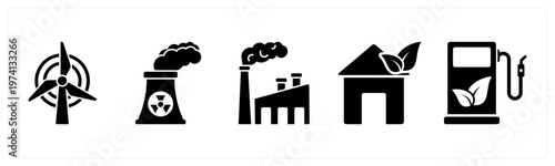 A set of 5 mix icons as windmill, factory pollution, eco house