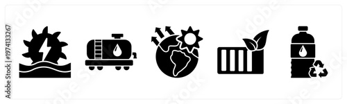 A set of 5 mix icons as hydro power, fuel pump, global warming