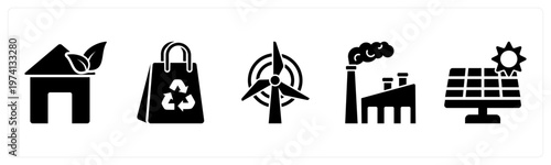 A set of 5 mix icons as eco house, recycle bag, windmill