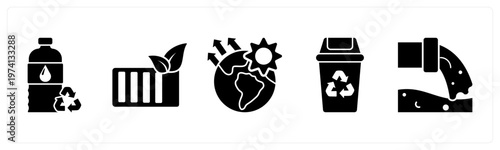 A set of 5 mix icons as recycle bottle, eco battery, global warming