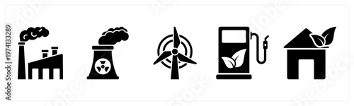 A set of 5 mix icons as factory pollution, windmill, eco fuel