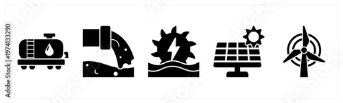 A set of 5 mix icons as fuel pump, gutter, hydro power
