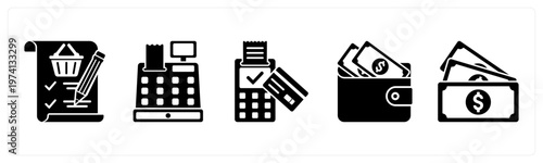 A set of 5 mix icons as item list, billing machine, card swipe machine