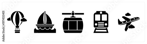 A set of 5 mix icons as hot air balloon, cruise, cable car,