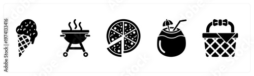 A set of 5 mix icons as ice cream, barbecue, pizza