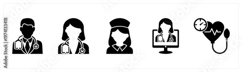 A set of 5 mix icons as male doctor, female doctor, nurse