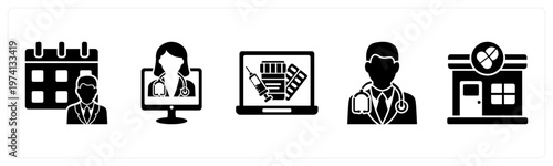 A set of 5 mix icons as appointment, online doctor, online pharmacy