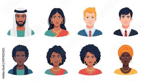 Diverse Multicultural People Avatars. Flat Design Vector Set of Men and Women Portraits from Various Ethnicities and Backgrounds.