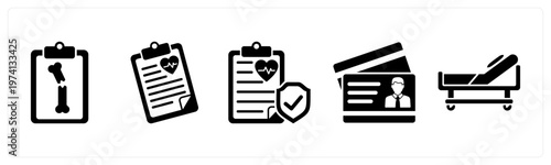 A set of 5 mix icons as xray, health report, medical insurance
