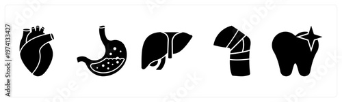 A set of 5 mix icons as heart, stomach, liver