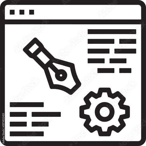 Black and white of browser window with pen nib and gear